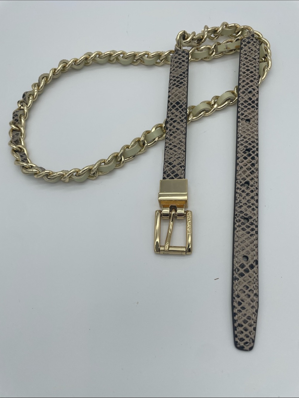 Calvin Klein Gold Chain Belt with Beige Snake-Print Strap
